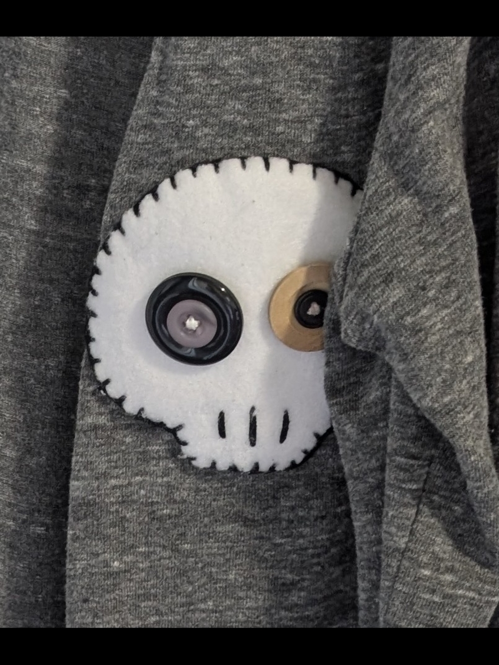 Gray Cardigan with Button-Eyed Skull Patch